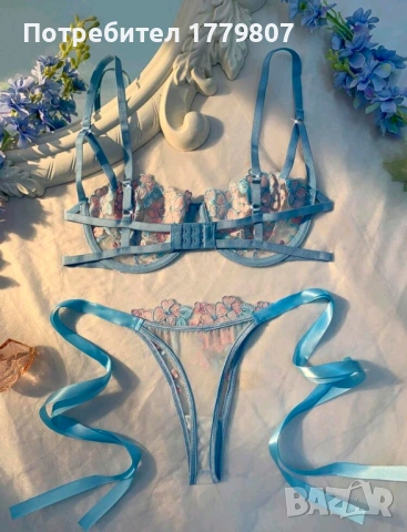 Crystal Vow 2 бр./компл. Дамски небесносин бродиран комплект бельо с връзки, снимка 2 - Бельо - 53788345