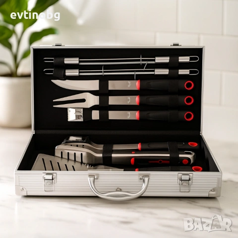 Луксозен комплект от 11 инструмента за барбекю в алуминиев куфар, снимка 4 - Куфари с инструменти - 53802654
