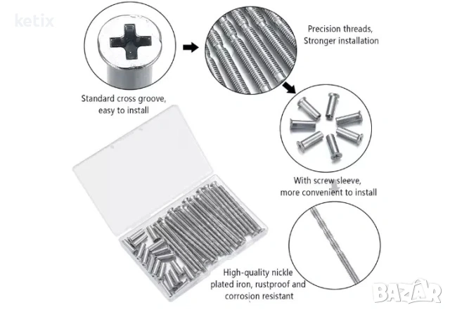 30 бр. винтове M4 за дръжки на врати със свързващи болтове и никелирани втулки - регулируеми, снимка 4 - Други - 53943347