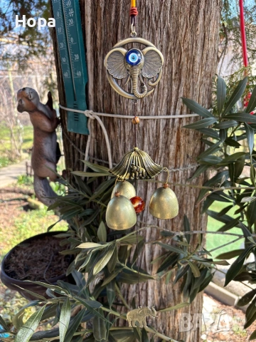 Метален вятърен звънец със слонче и окото на Назар, снимка 3 - Декорация за дома - 53663807