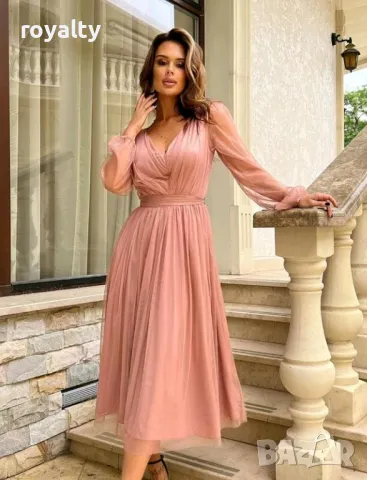 Официална дълга розова рокля с тюл