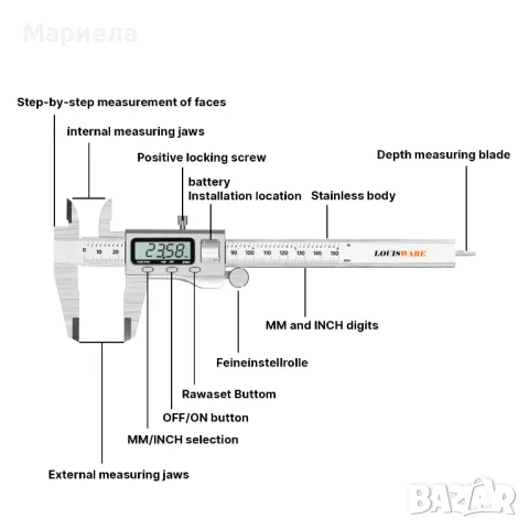 LOUISWARE Електронен цифров шублер до 150мм. / Професионален Метален Шублер от Неръждаема Стомана, снимка 4 - Шублери - 48123593