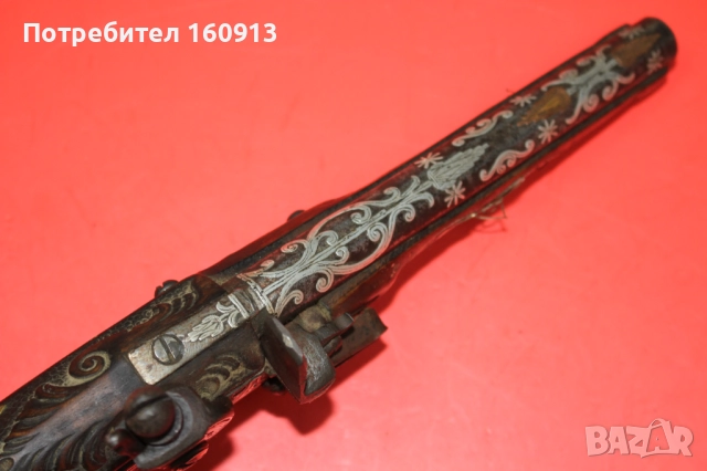 Кремъчен пистолет с орнаменти и сребро по цевта. Работещ., снимка 7 - Антикварни и старинни предмети - 52828988