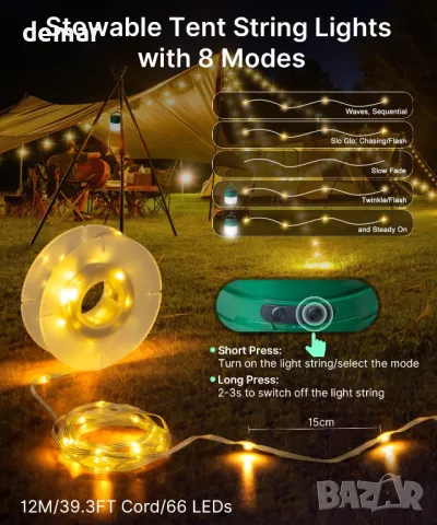 Къмпинг гирлянди - 2 в 1 соларни и USB акумулаторни, 3600mAh, 8 режима, водоустойчиви, 12 метра, снимка 2 - Лед осветление - 50290085