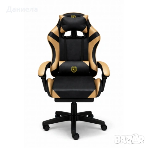 Геймърски стол с масажна функция, лумбална възглавница и поставка за крака – Черен-златист, снимка 6 - Столове - 53443536