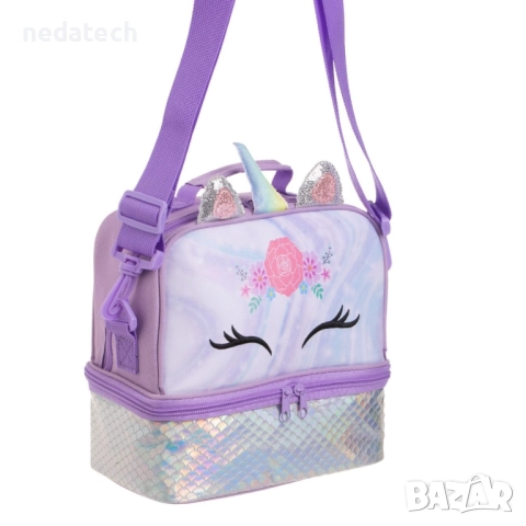Термо чанта за обяд с 2 отделения, Еднорог, Лилав, 23x13x21 см., снимка 3 - Хладилни чанти - 51509441