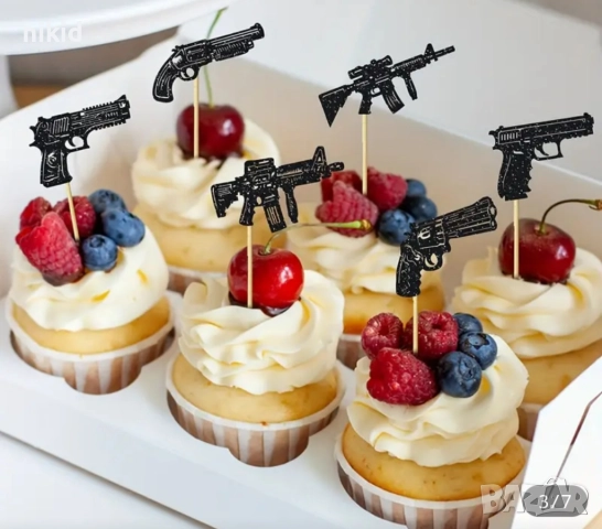 12 бр оръжие оръжия пистолет пуска топери декор за мъфини кексчета парти рожден ден