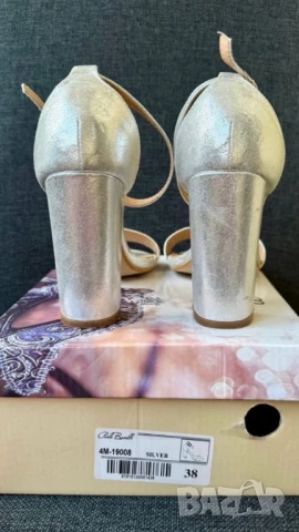 Сребърни сандали с ток - 38 номер, снимка 5 - Сандали - 50690329