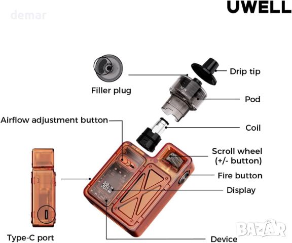 Комплект електронен изпарител UWELL CROWN M POD MOD, 2 мл 1000 mAh 5-35 W, кафяв, снимка 2 - Други стоки за дома - 45509634