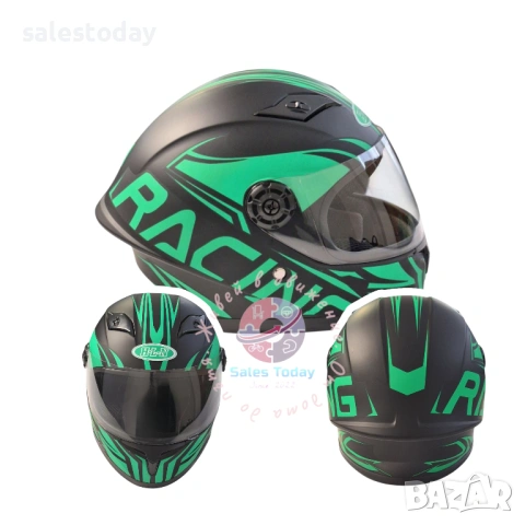 Детска Каска със слюда Racing, Черен/Зелен- Мат