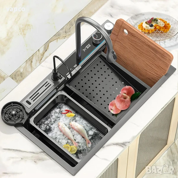 Мултифункционална кухненска мивка с двоен водопад и джоб за прибори, снимка 1