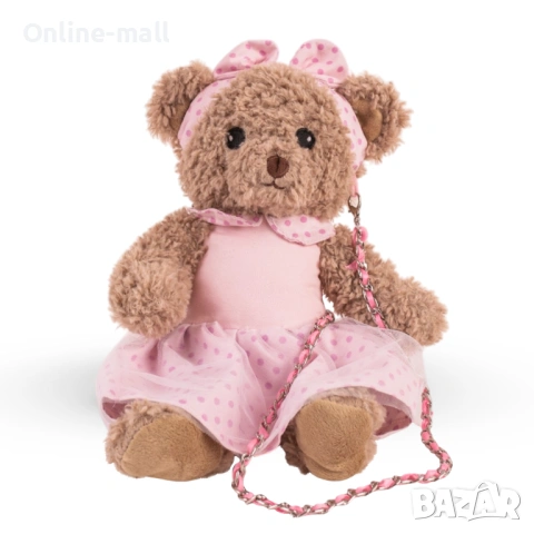 3D Детска Плюшена Чанта Мече – 35 см, плюшено Мече чанта с розова рокля