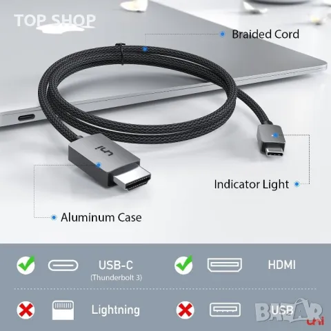 UNI 3м високоскоростен USB-C към HDMI кабел 4K@30Hz>Thunderbolt 3/4-iPad Pro/Air,MacBook Pro,Galaxy, снимка 4 - Стойки, 3D очила, аксесоари - 49308589