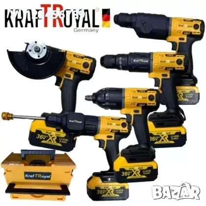 5в1 универсален комплект KraftRoyal с 5 приставки: винтоверт, гайковерт-импакт, перфоратор,водоструй