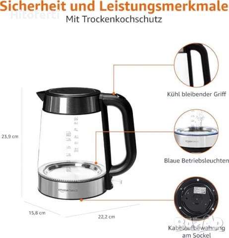 Електрическа кана Amazon Basics, стъклена, 1.7 л, снимка 2 - Кани - 53787311