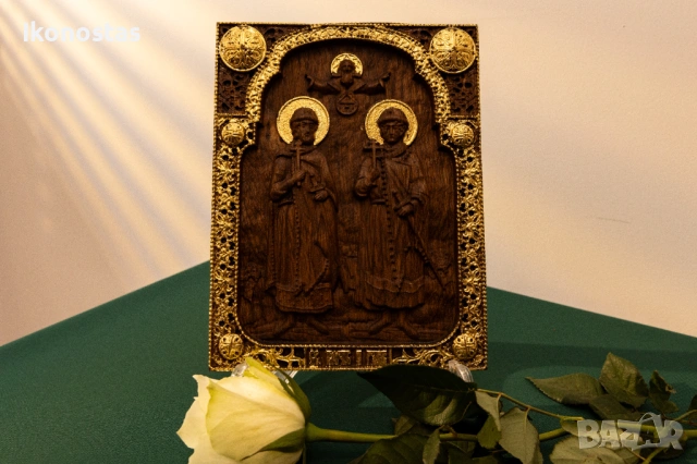 Свети Борис и Глеб – релефна православна икона от дъб с позлата, снимка 6 - Икони - 53224982