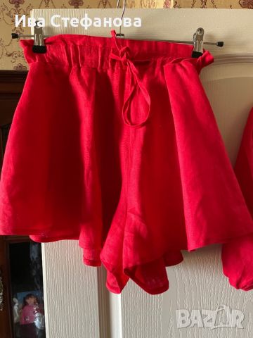 Нов ленен лен червен елегантен сет комплект от широки къси панталони топ бюстие буфан ръкав , снимка 8 - Костюми - 46439102
