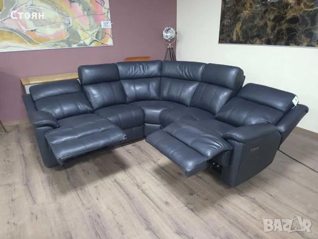 Черен кожен ъглов диван с електрически релаксиращ механизъм Gracy, снимка 2 - Дивани и мека мебел - 46475382