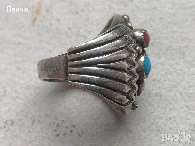 стар дизайнерски сребърен пръстен с тюркоаз и корал, снимка 6 - Антикварни и старинни предмети - 53653775
