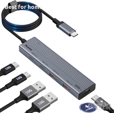 Aceele USB 3.2 Gen 2 Адаптер 10Gbps – 4-портов ултра бърз хъб с USB-C и USB-A