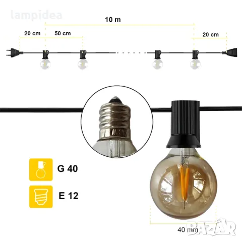 ГИРЛЯНД E12 ОТ 20 БР LED КРУШКИ - G 40 - 10 М, снимка 2 - Външни лампи - 30337501