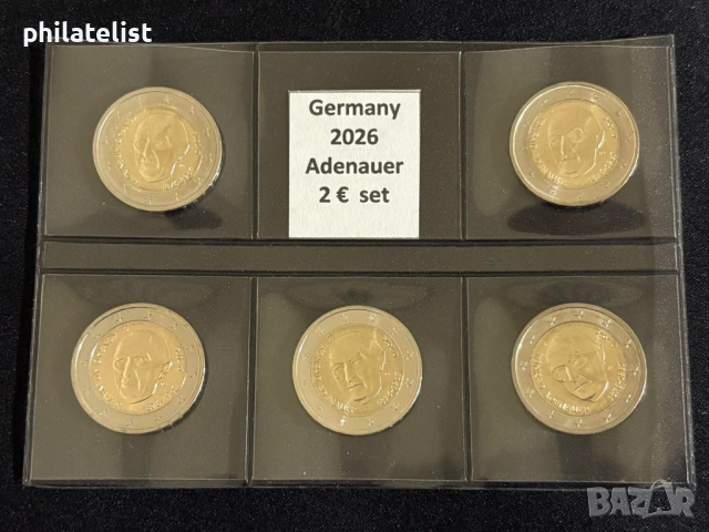 Германия 2026 – 2 евро – комплектен сет Конрад Аденауер (ADFGJ), снимка 3 - Нумизматика и бонистика - 54220156