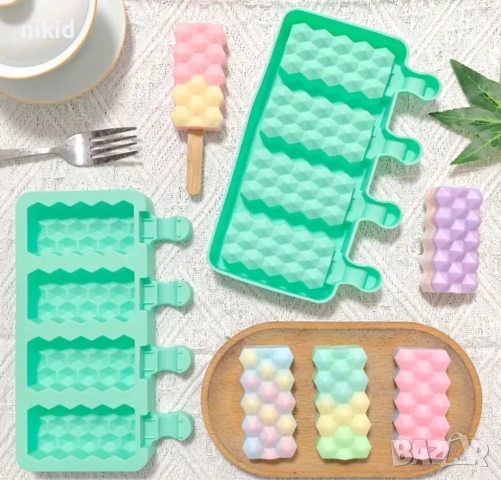 4 геометрични килийки диамантени ескимо сладолед Popsicle Попсикъл молд силиконов форма калъп, снимка 2 - Форми - 53979548
