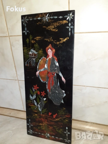 Уникална японска лакова картина пано с интарзия от седеф, снимка 2 - Антикварни и старинни предмети - 53347294