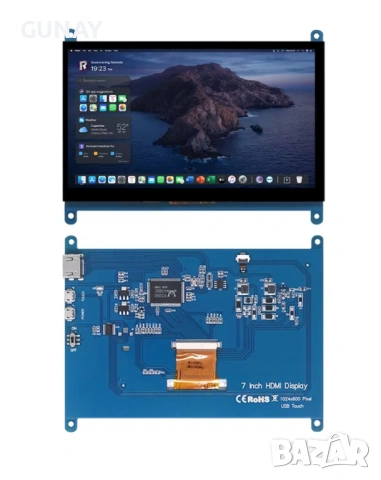 7 Инча IPS Тъчскрийн HDMI Монитор 1024x600 за Raspberry Pi 5, 4, PC, снимка 2 - Монитори - 54031368