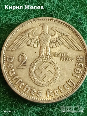 Сребърна монета 2 райхсмарки 1938г. Германия Трети Райх с Свастика за КОЛЕКЦИОНЕРИ 50058, снимка 2 - Нумизматика и бонистика - 53615708