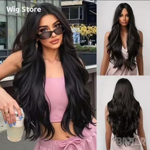 Дълга черна перука без бретон на леки вълни