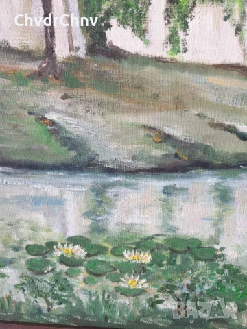 94х74см наивизъм/голяма картина масло върху платно/къща-дървета-река/1979/дървена рамка, снимка 7 - Картини - 50852908