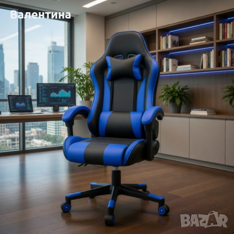 Ергономичен офис и геймърски син стол – Максимален комфорт за гърба и врата, регулируем