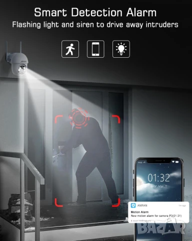 ANRAN 5MP PTZ WiFi FHD охранителна камера за външно видеонаблюдение IP66, снимка 3 - HD камери - 51139301