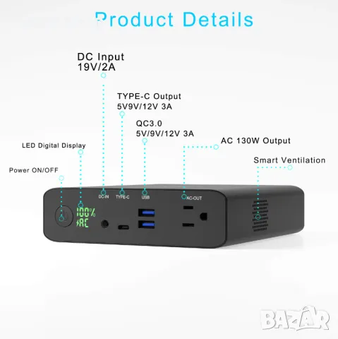 Krisdonia AC Power Bank Преносимо зарядно устройство 27000mAh 130W външна батерия за MacBook лаптоп , снимка 5 - Батерии за лаптопи - 47240155