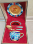 СССР-сребърен 916 проба комплект  чаша за кафе сребърна лъжичка,виличка,чинийка-емайл,позлата, снимка 1 - Чаши - 45037109