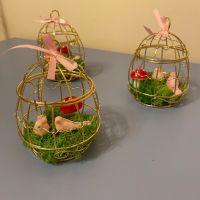 Златиста клетка за птички с гълъбчета, гъбка и мъх, снимка 5 - Декорация за дома - 45097470