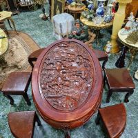 Уникална антикварна китайска маса масив дърворезба с  6 табуретки , снимка 4 - Антикварни и старинни предмети - 45189519