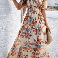 Дамска ваканционна миди рокля с V-образно деколте с флорален принт, 4цвята , снимка 3 - Рокли - 45369480