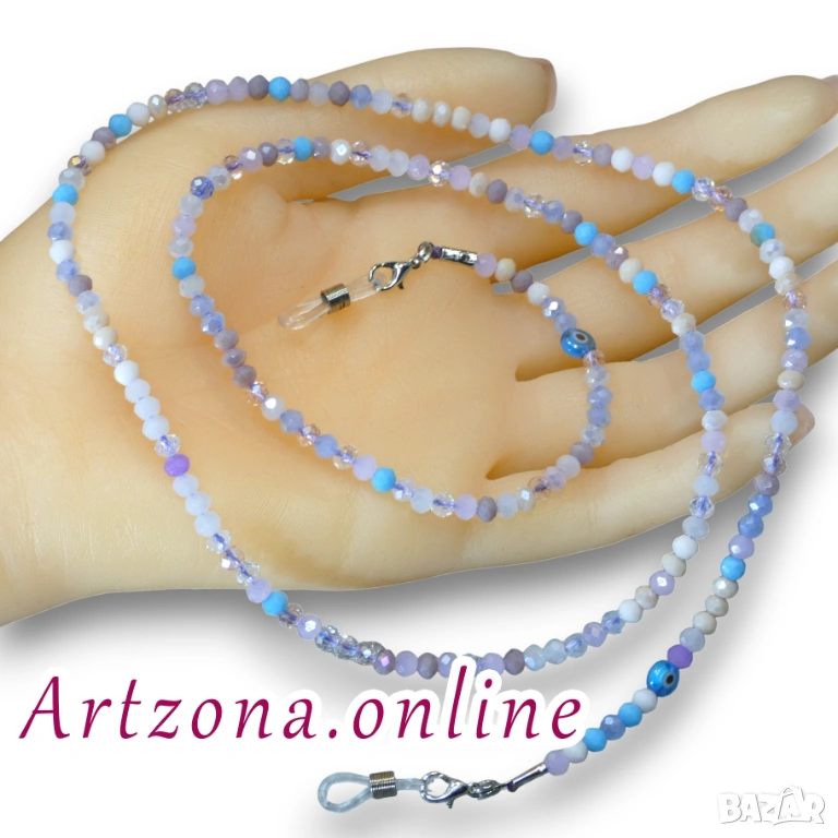 ⚜️ Верижка за очила №3043 с кристали и синьо око, снимка 1