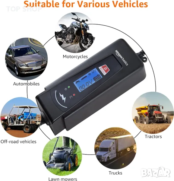 Amazon Basics 2A/4A Автоматично смарт 6V/12V зарядно устройство за батерии с функция за тестване, снимка 1