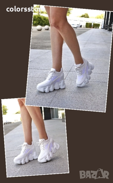 Кецове на платформа - бяла кожа с мрежа - PA786 , снимка 1