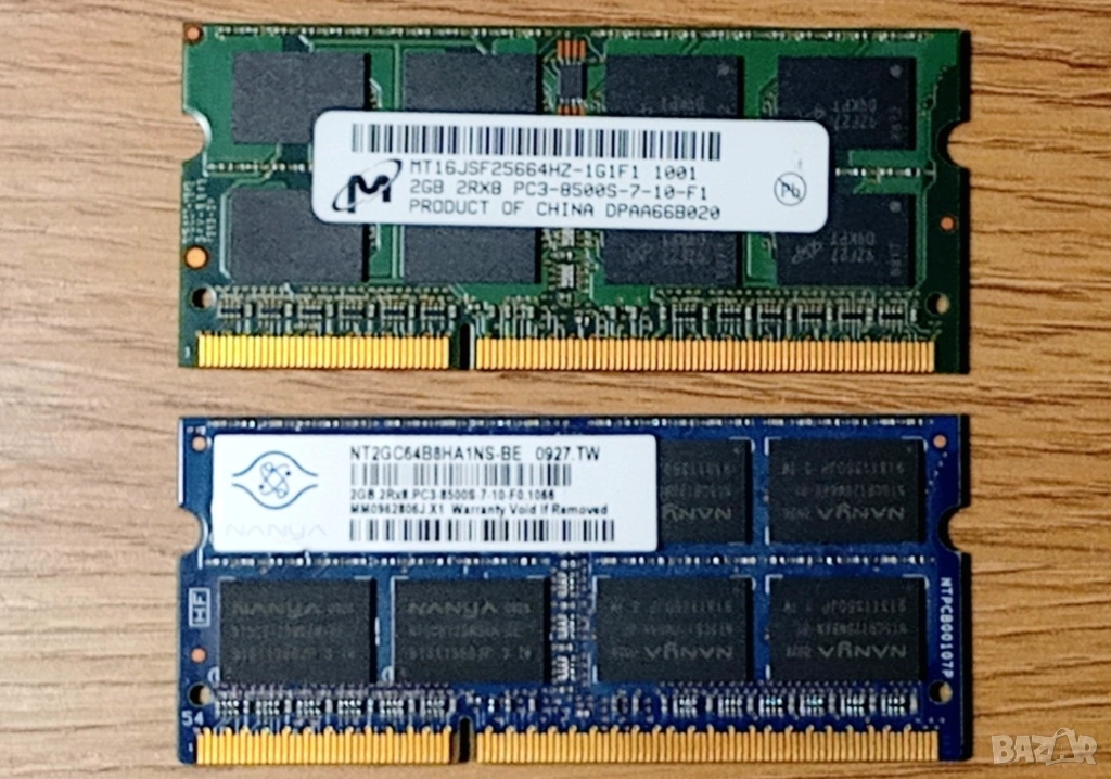  2x2GB RAM за лаптоп DDR3 1066MHz (PC3-8500S) – Nanya & Micron, снимка 1
