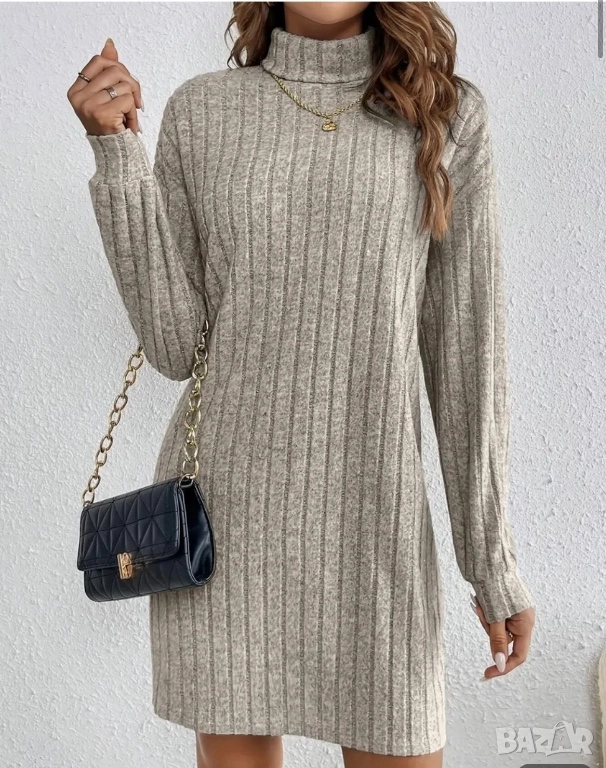 Бежова рокля с поло, машинно плетиво, снимка 1