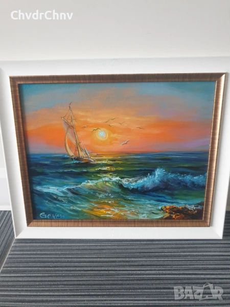 Димитър Генев 33x27см/малка българска картина масло върху платно/морски пейзаж/лодка-залез, снимка 1
