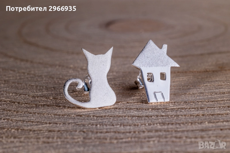 Сребърни обеци котка и къща, снимка 1