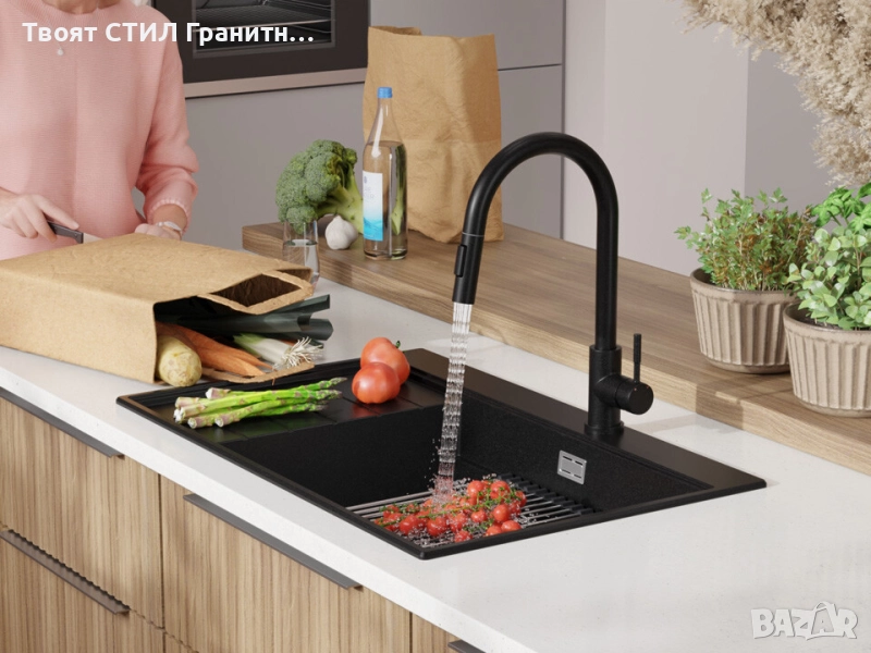 Черна гранитна кухненска мивка Сидни 780-60 Ergo Multilevel 780х500, снимка 1