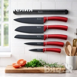 Комплект ножове Goldmann GM 5259, 5бр. с магнитна релса, Незалепващо покритие, Кутия, снимка 2 - Прибори за хранене, готвене и сервиране - 53576281