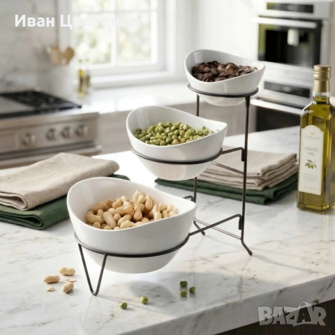 Комплект 3 керамични купи за ядки на три нива с метална стойка