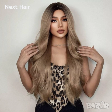 Дълга вълнообразна тъмно руса омбре перука с тъмни корени на път, снимка 6 - Аксесоари за коса - 52897632